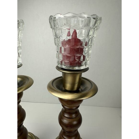 Vintage Homco Wood and Brass Candlestick Holders With Clear Glass Votives - Picture 4 of 8